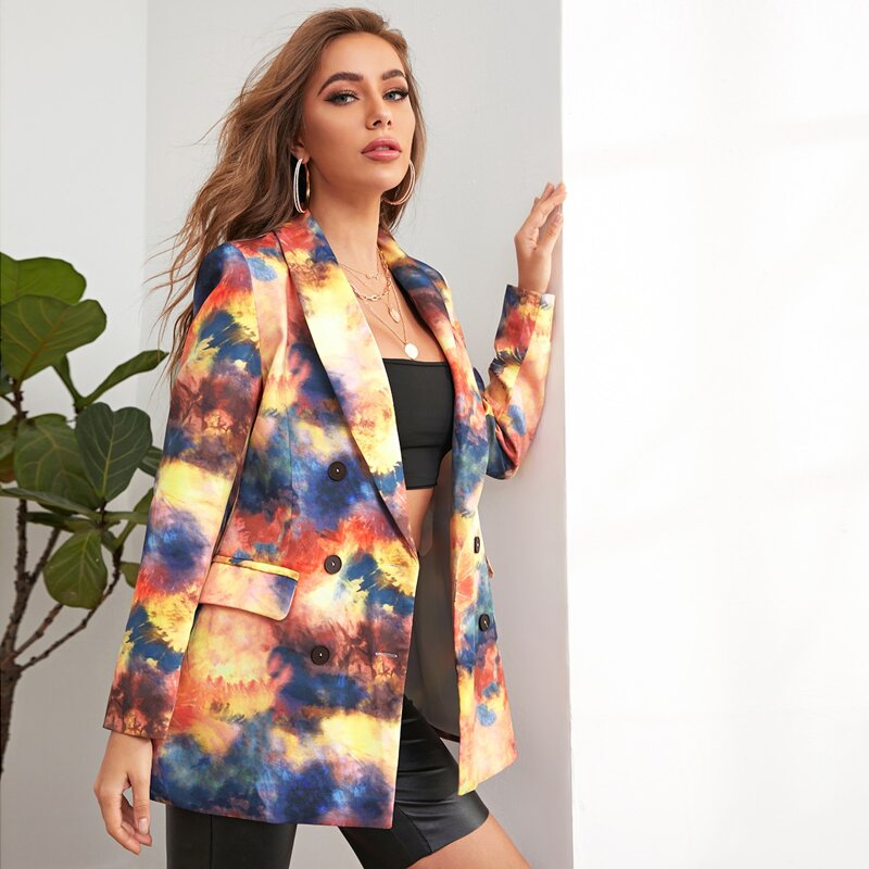 

Tie Dye Print Split Double Breasted Blazer, Multicolor