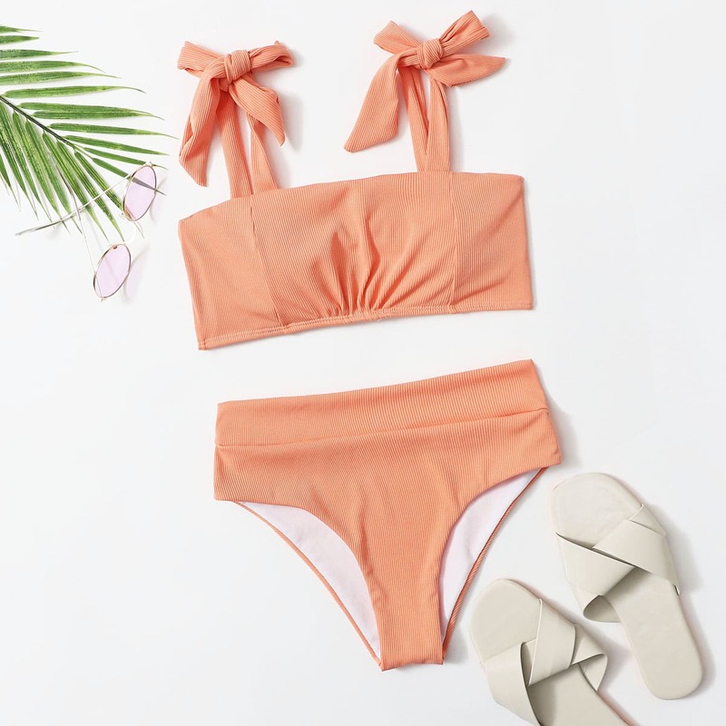 

Rib Tie Shoulder Bikini Swimsuit, Coral pink