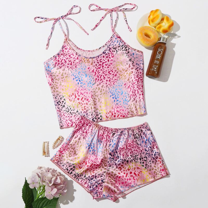 

Leopard Tie Strap Cami Satin PJ Set, Multicolor