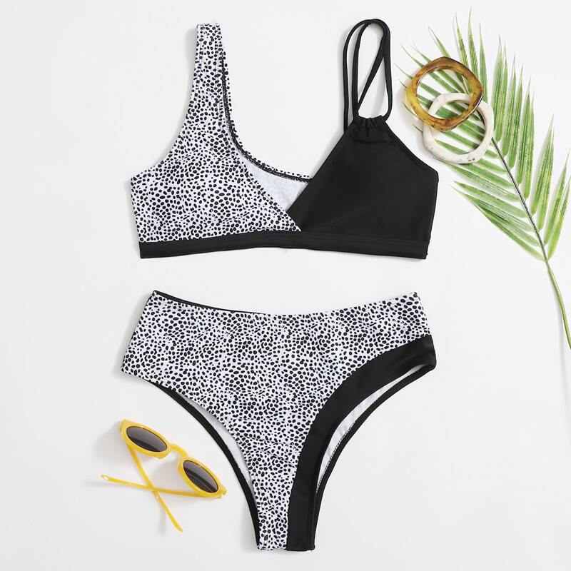 

Dalmatian Spliced Asymmetrical Neck Bikini Swimsuit, Black and white