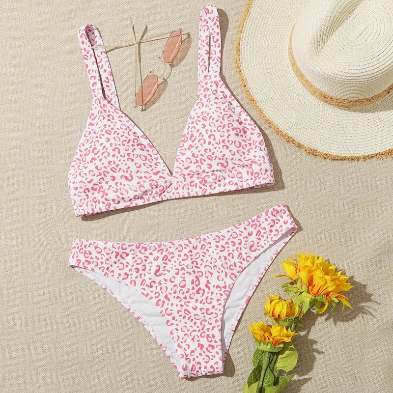 

Leopard Triangle Bikini Swimsuit, Red and white