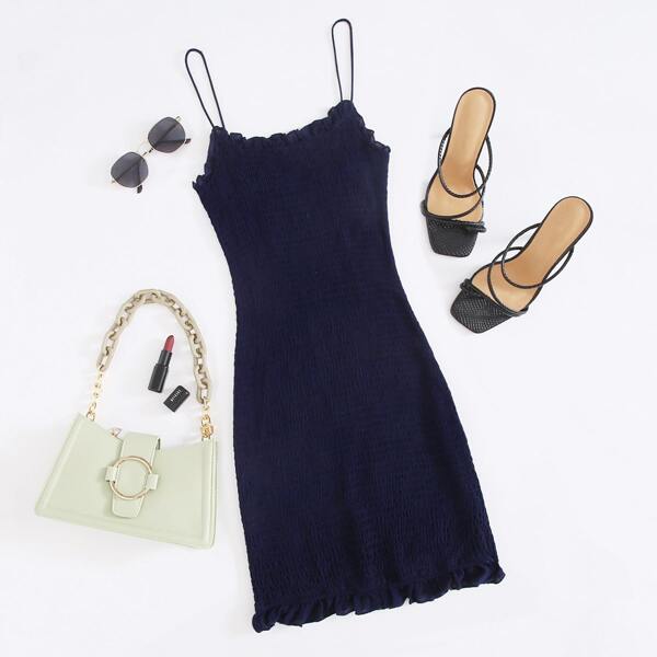 

Frill Trim Shirred Bodycon Cami Dress, Navy blue