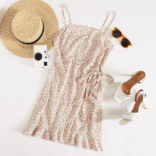 

Shirred Back Wrap Knotted Ditsy Floral Print Cami Dress, Apricot