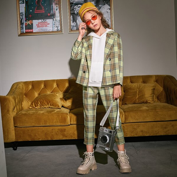 

Girls Double Breasted Tartan Blazer & Pants Set, Lime green