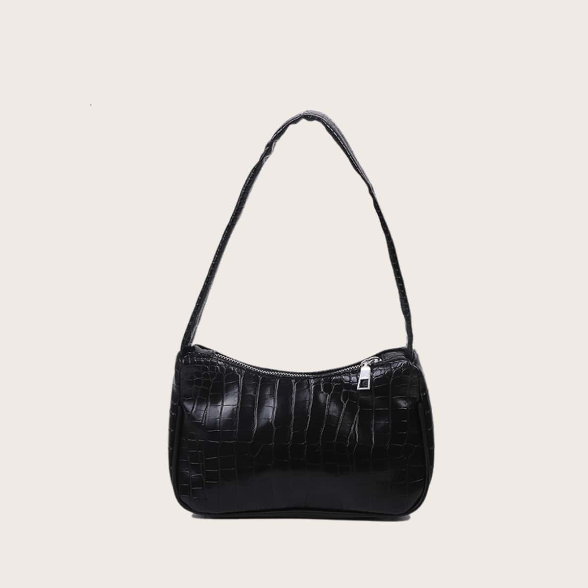 

Croc Embossed Baguette Bag, Black