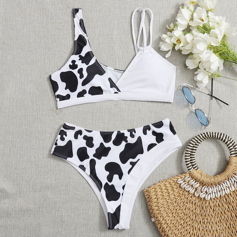 

Cow Print Asymmetrical Neck Bikini Swimsuit, Black and white