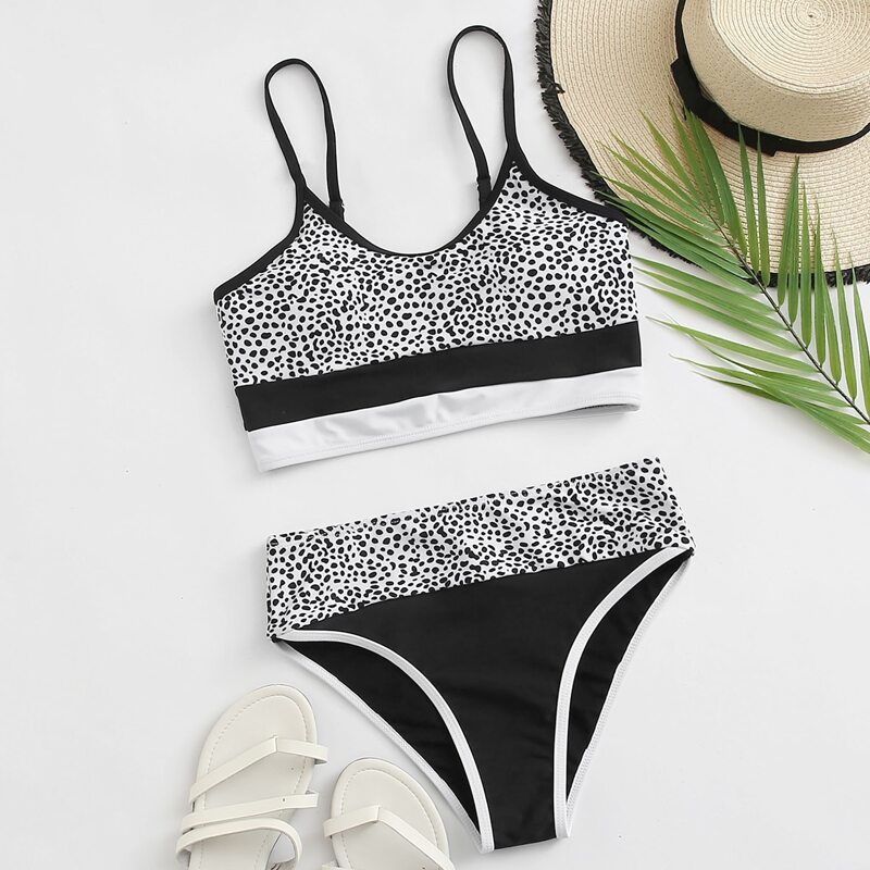 

Dalmatian Spliced High Waist Bikini Swimsuit, Black and white