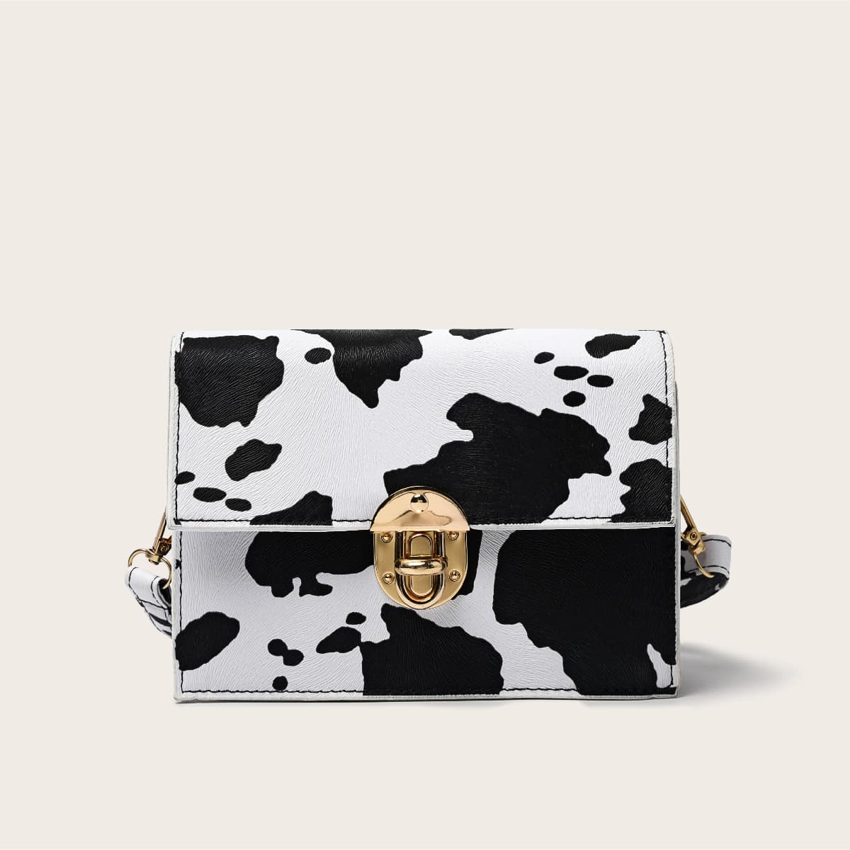 

Cow Print Flap Crossbody Bag, Black and white