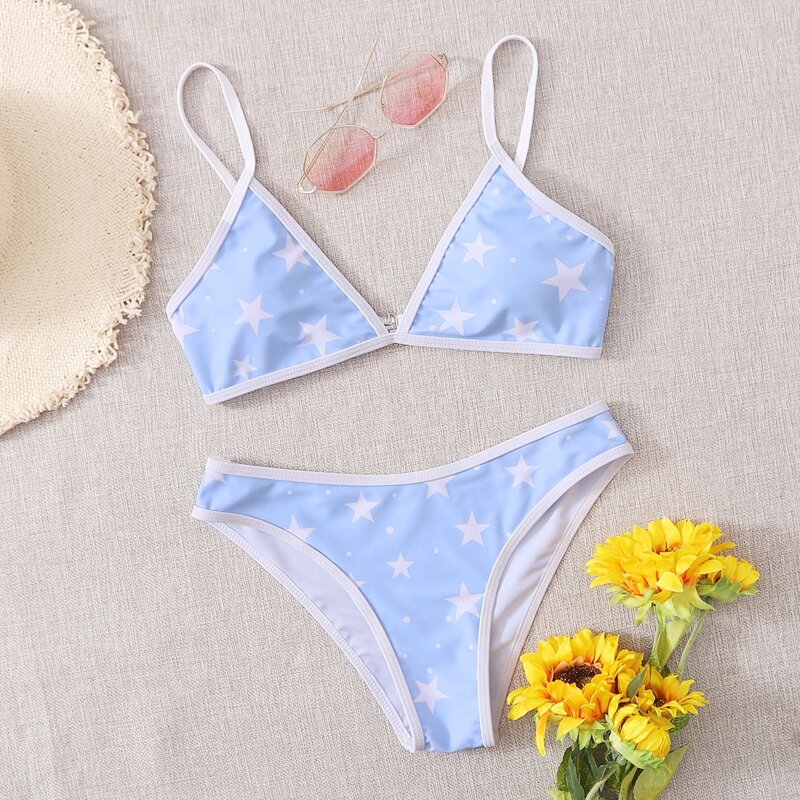

Star Contrast Binding Bikini Swimsuit, Pastel baby blue