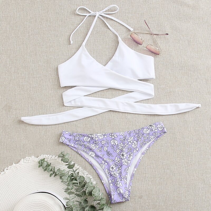 

Floral Wrap Halter Bikini Swimsuit, Multicolor