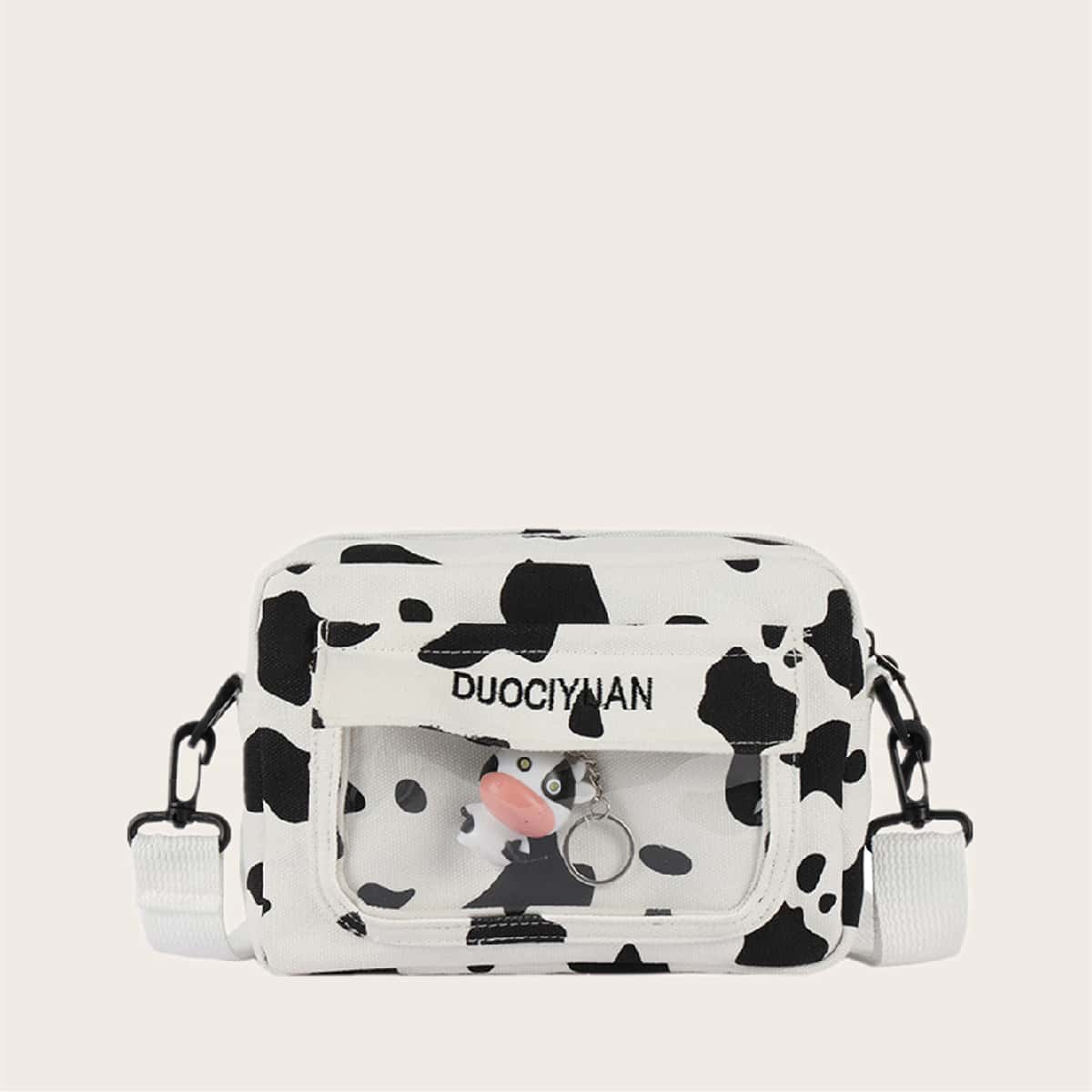 

Cow Print Canvas Crossbody Bag, Black and white
