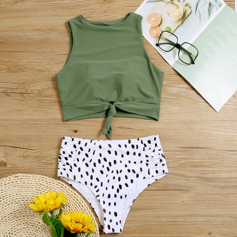

Dalmatian Knot Hem High Waisted Bikini Swimsuit, Multicolor