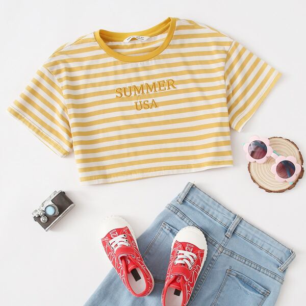 

Girls Embroidered Letter Striped Tee, Multicolor