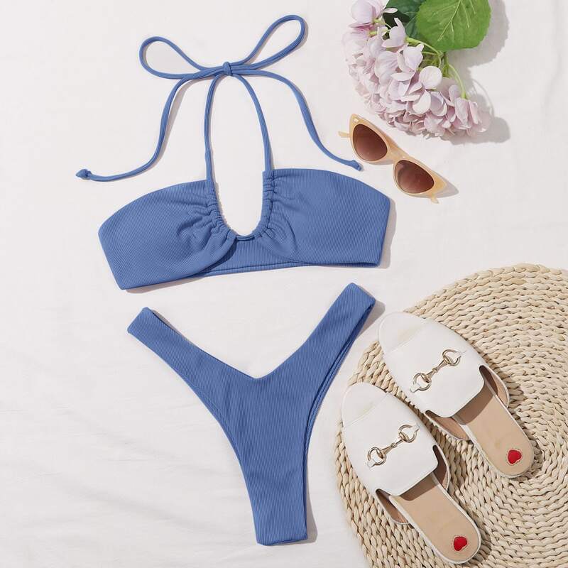 

Rib Halter High Leg Bikini Swimsuit, Blue