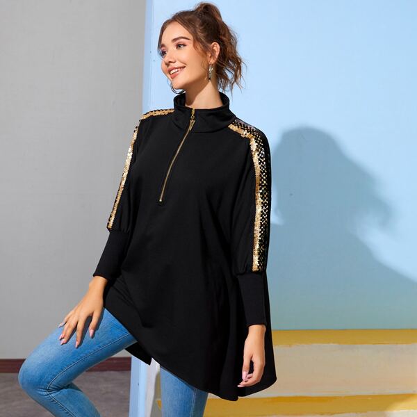 

Contrast Sequin Half Zip Sweatshirt, Black