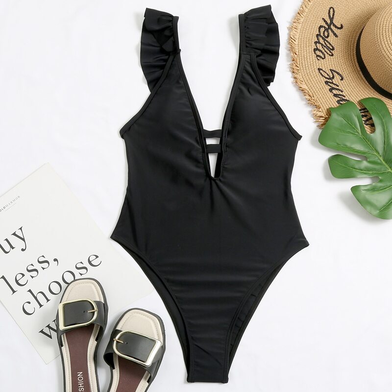 

Ruffle Trim Plunging One Piece Swimsuit, Black