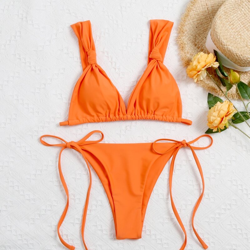 

Knot Detail Triangle Tie Side Bikini Swimsuit, Orange bright