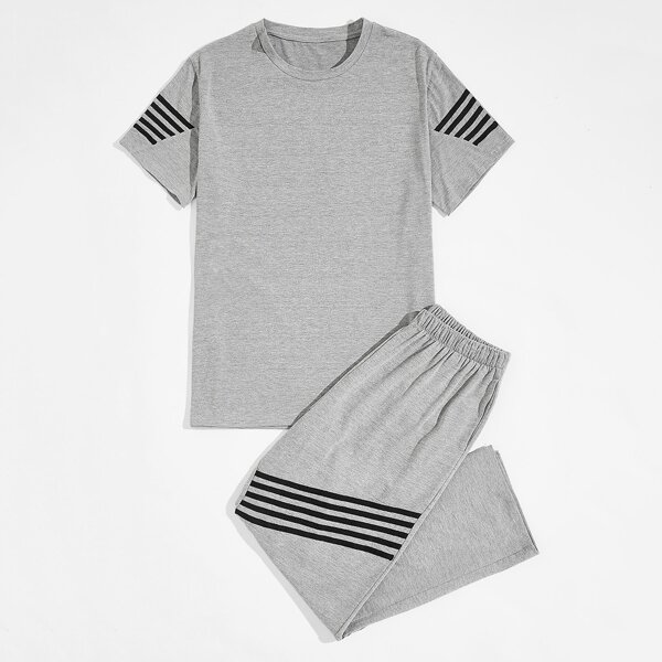 

Men Striped Panel Tee & Pants PJ Set, Grey
