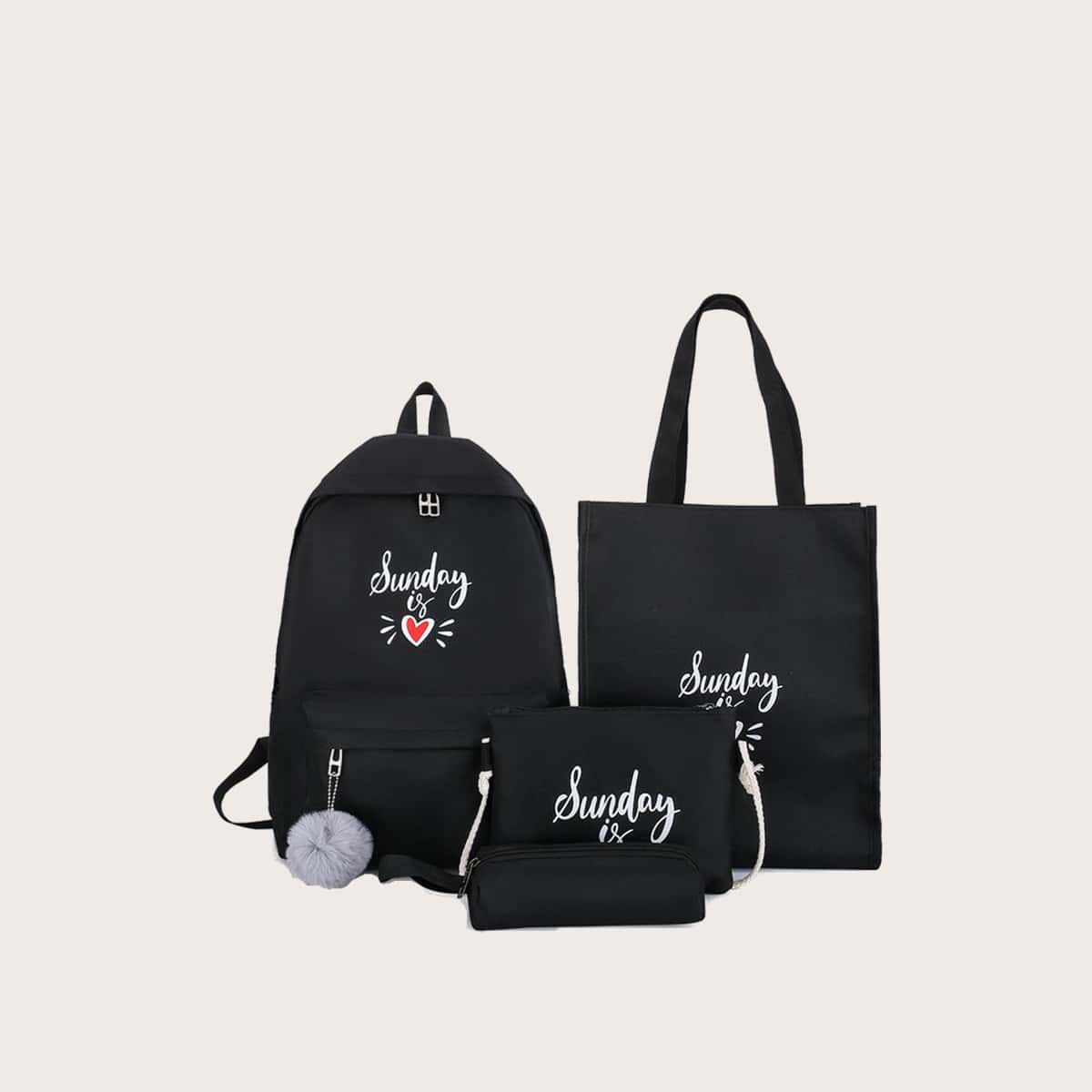 

4pcs Letter Pom Pom Backpack Bag Set, Black