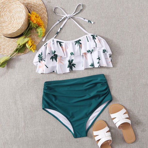 

Tropical Tiered Layer Halter Bikini Swimsuit, Multicolor