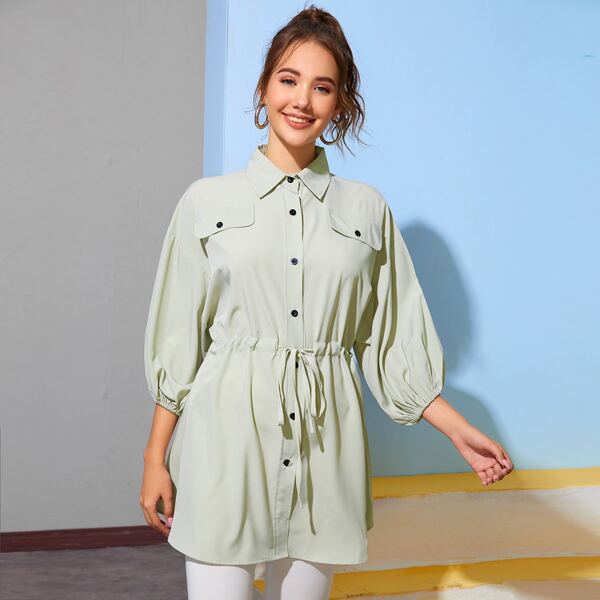 

Solid Drawstring Waist Longline Blouse, Mint green