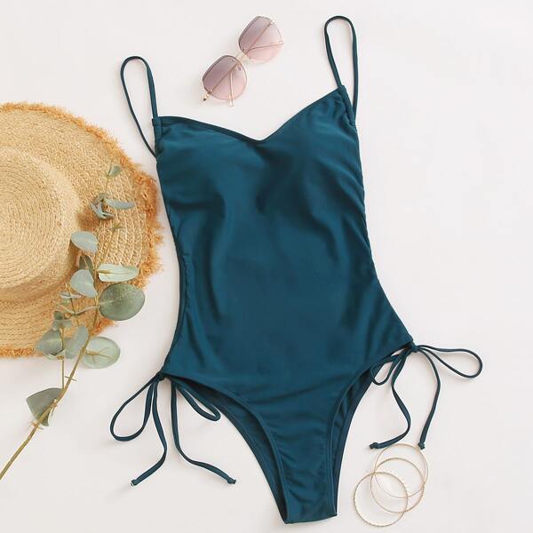 

Drawstring Side One Piece Swimsuit, Teal blue