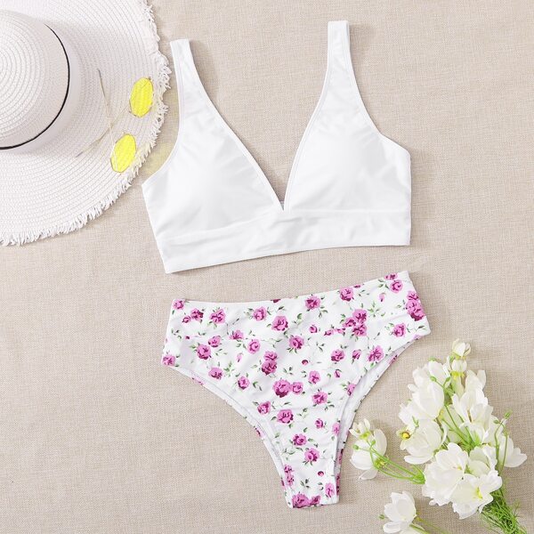 

Floral V Neck High Waisted Bikini Swimsuit, Multicolor