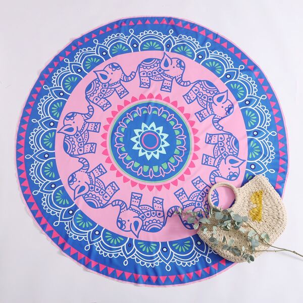 

Tribal Elephant Print Round Beach Blanket, Multicolor