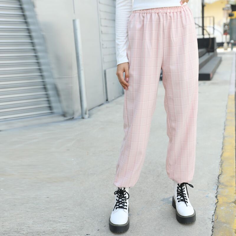 Plaid Print Joggers, Baby pink