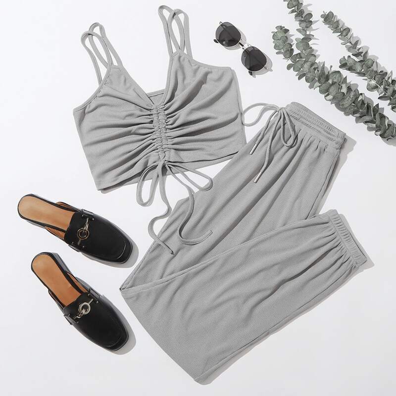 

Solid Drawstring Cami & Pants, Grey
