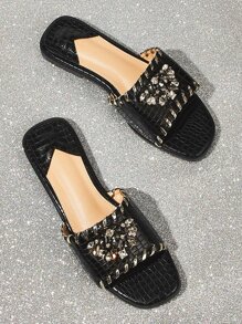 Gemstone Decor Slide Sandals - Black - View 1