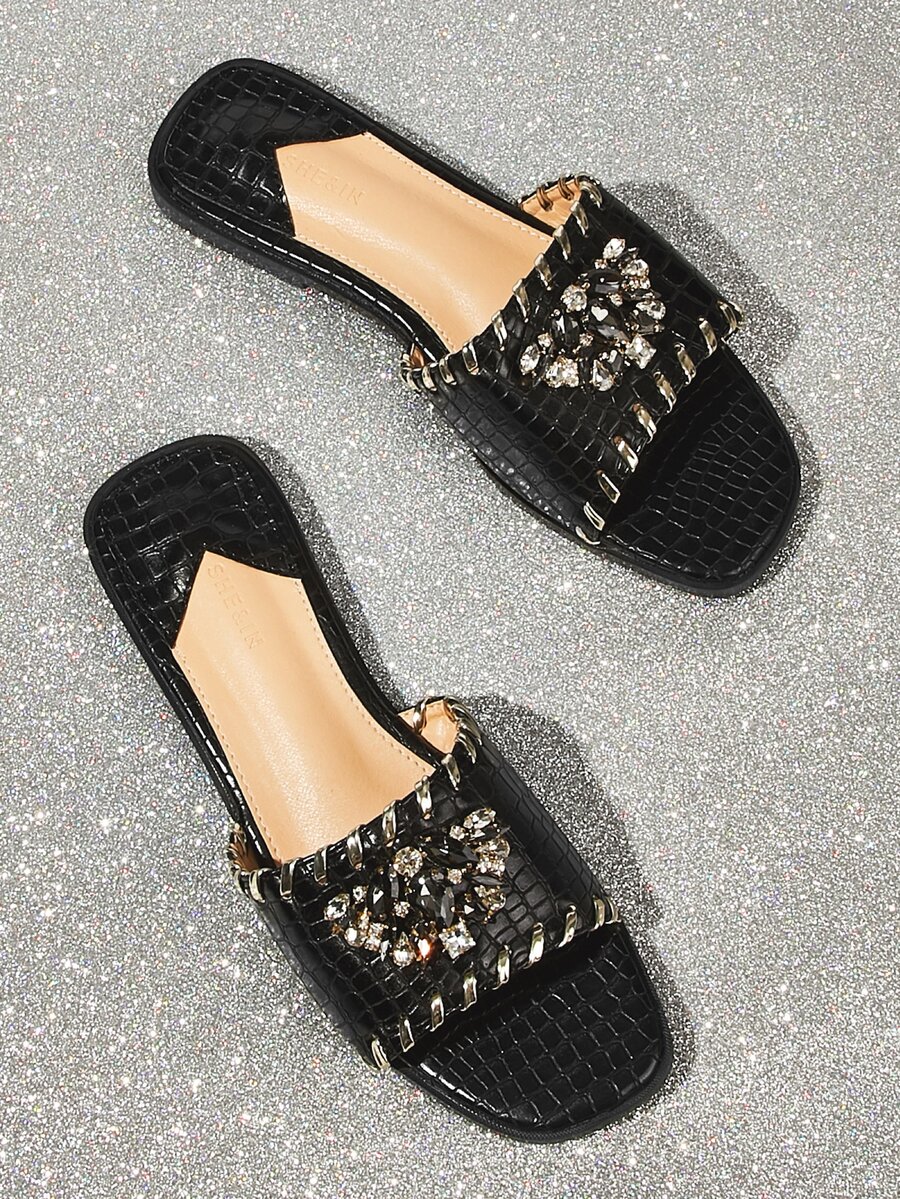 Gemstone Decor Slide Sandals - Black - View 1