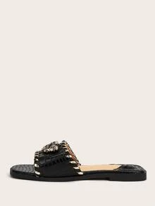 Gemstone Decor Slide Sandals - Black - View 2
