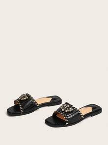 Gemstone Decor Slide Sandals - Black - View 3