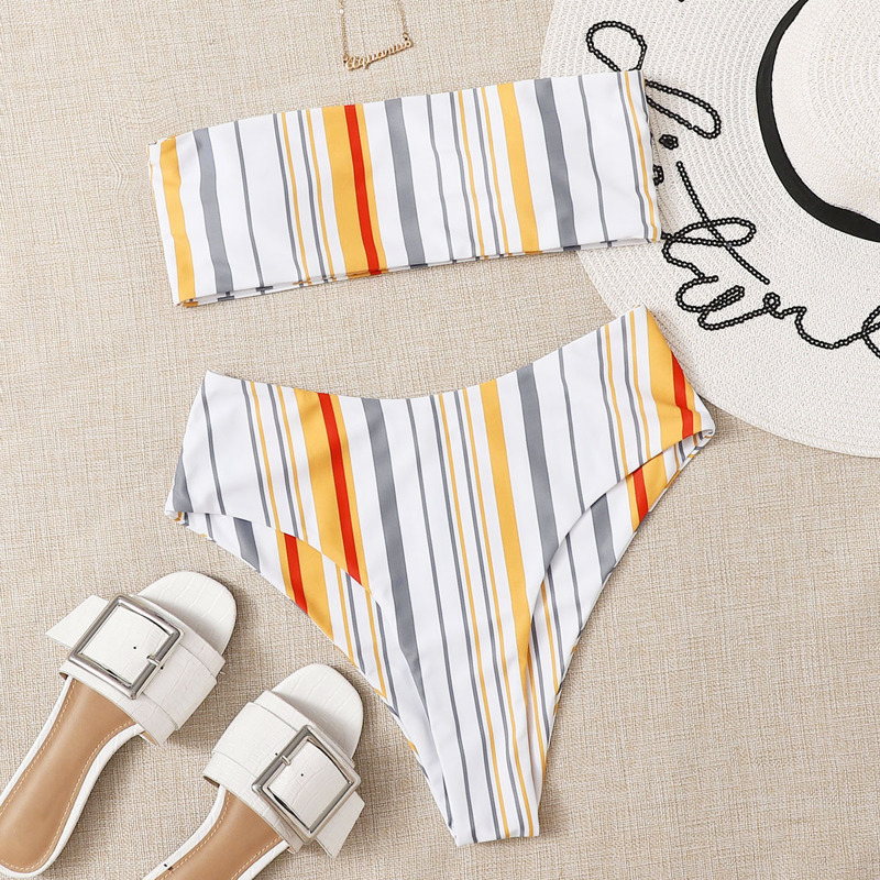 

Stripe Bandeau High Waist Bikini Swimsuit, Multicolor