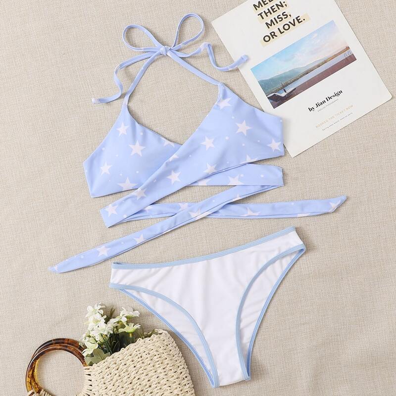 

Star Crisscross Warp Bikini Swimsuit, Blue and white