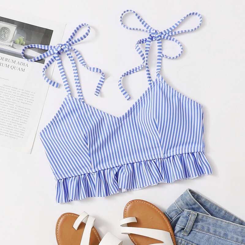 

Stripe Ruffle Hem Bikini Top, Baby blue