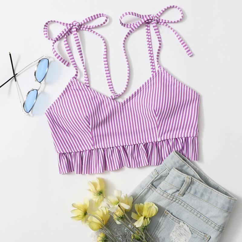 

Stripe Ruffle Hem Bikini Top, Lilac purple