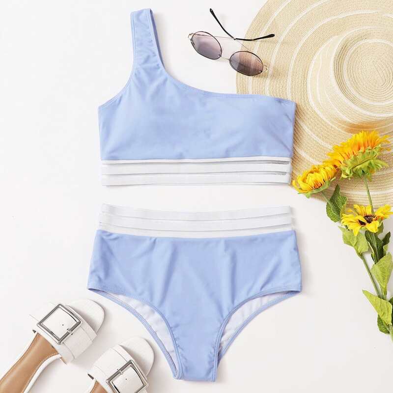 

Stripe Tape One Shoulder Bikini Swimsuit, Pastel baby blue