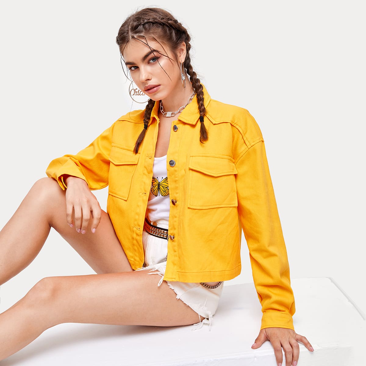 

Solid Pocket Button Front Jacket, Yellow bright