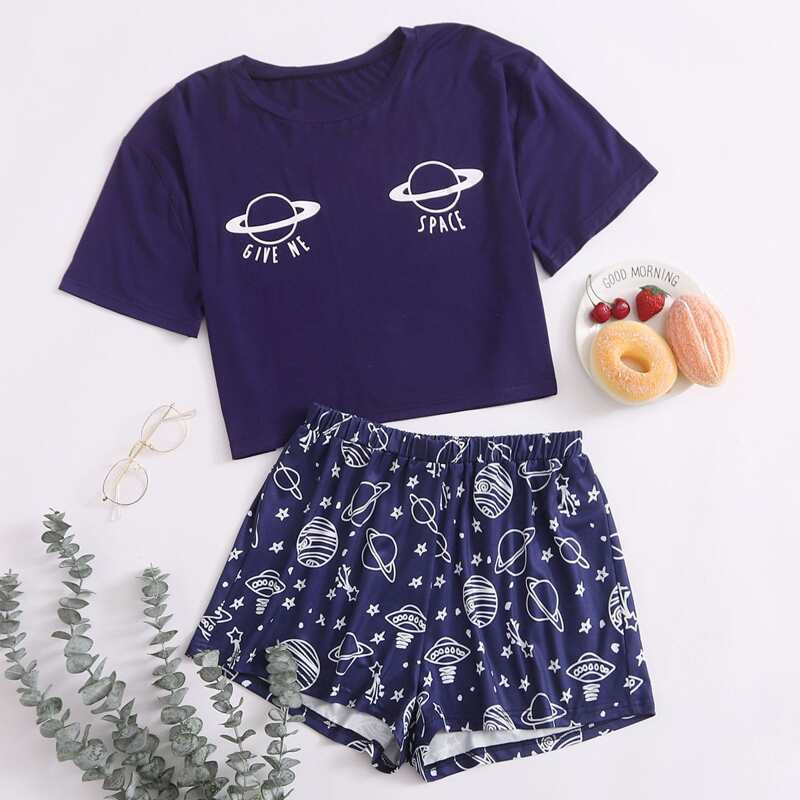

Planet Print Tee & Shorts PJ Set, Navy blue