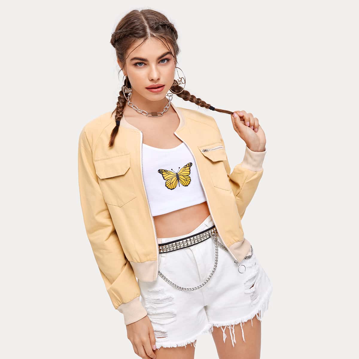 

Pocket Crop Bomber Jacket, Apricot