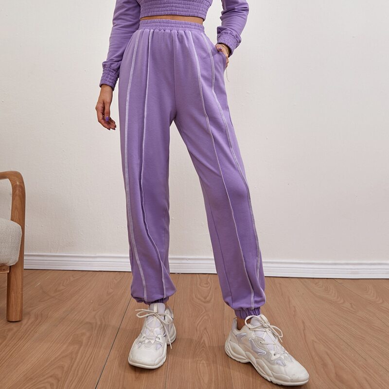 

Elastic Waist Stitch Trim Sweatpants, Violet purple