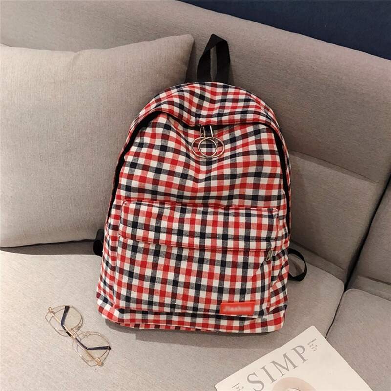 

Gingham Mental Ring Zip Backpack, Red