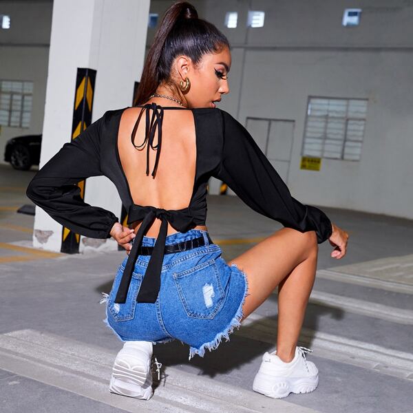 

Tied Backless Lantern Sleeve Crop Top, Black