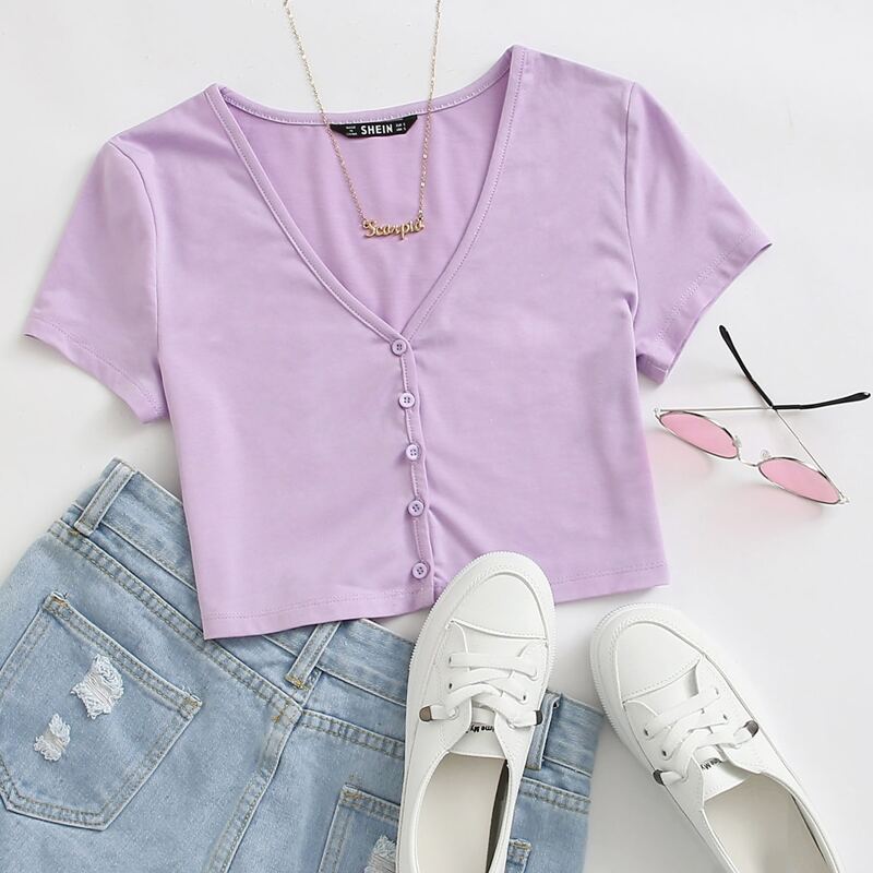 

Button Front Crop Top, Lilac purple