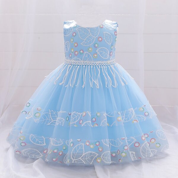 

Baby Girl Leaf Embroidery Fringe Trim Gown Dress, Baby blue
