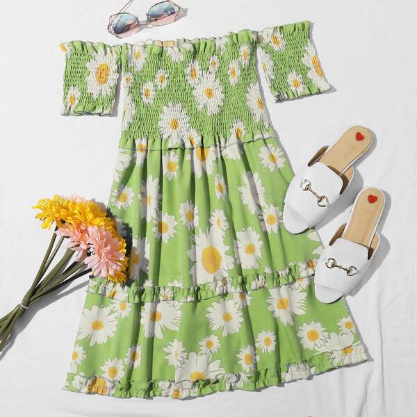 

Daisy Floral Frill Trim Shirred Bardot Dress, Lime green