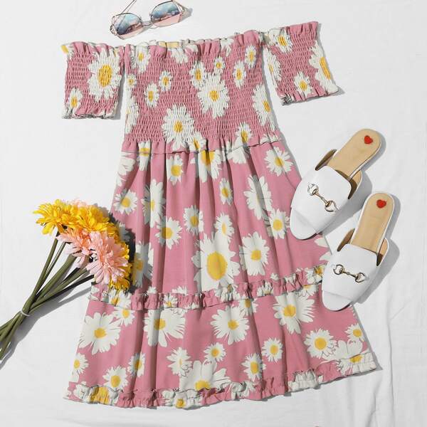 

Daisy Floral Frill Trim Shirred Bardot Dress, Dusty pink