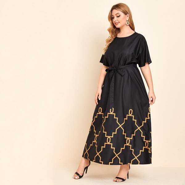

Plus Geo Print Dolman Sleeve Self Belted Dress, Black